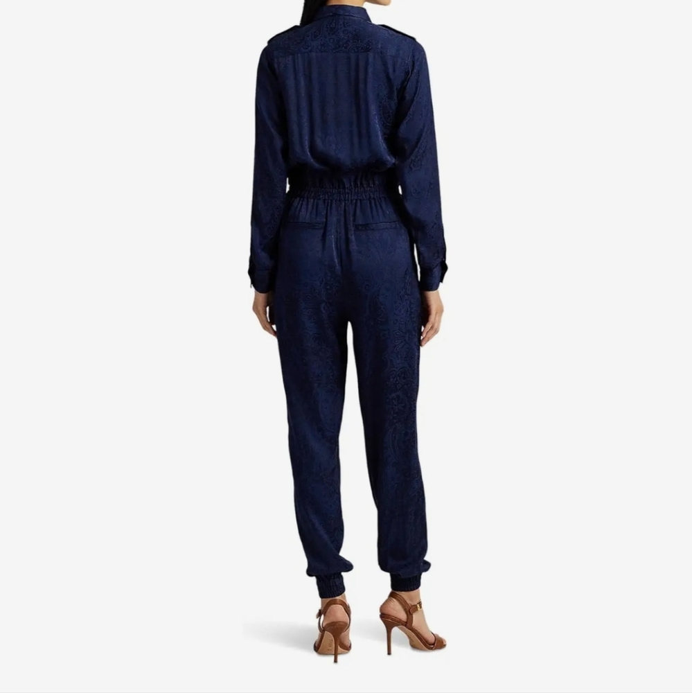 Lauren Ralph Lauren Paisley Jacquard Utility Jumpsuit Navy Blue Button-Front - Picture 3 of 14